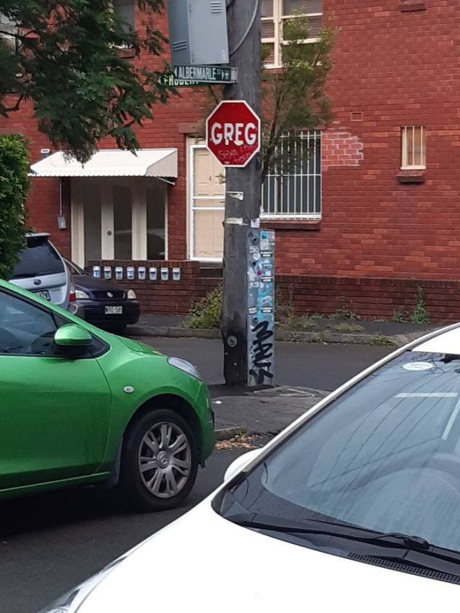 Traffic Stop sign with the word "Greg" substituted for the word "Stop".